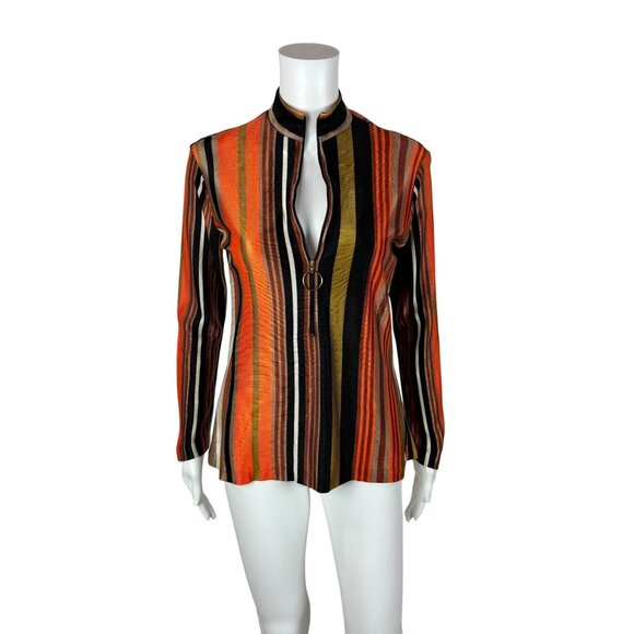 Vintage 70s Zip Up Top Women´s Size M Mod Orange Striped O Ring Shiny